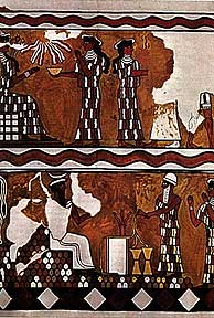 Scena składania ofiar. Częściowa rekonstrukcja malowideł ściennych z pałacu Zimrilima w Mari, XXI-XX w. p.n.e.