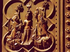 Początek renesansu. Lorenzo Ghiberti: Drzwi baptysterium we Florencji (fragment)